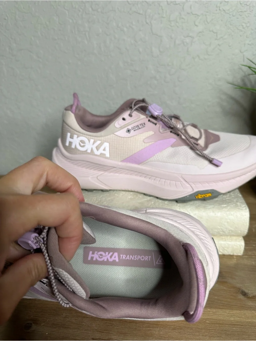 HOKA Women’s Transport GTX Cosmic Pearl light pink sneakers w toggle lase